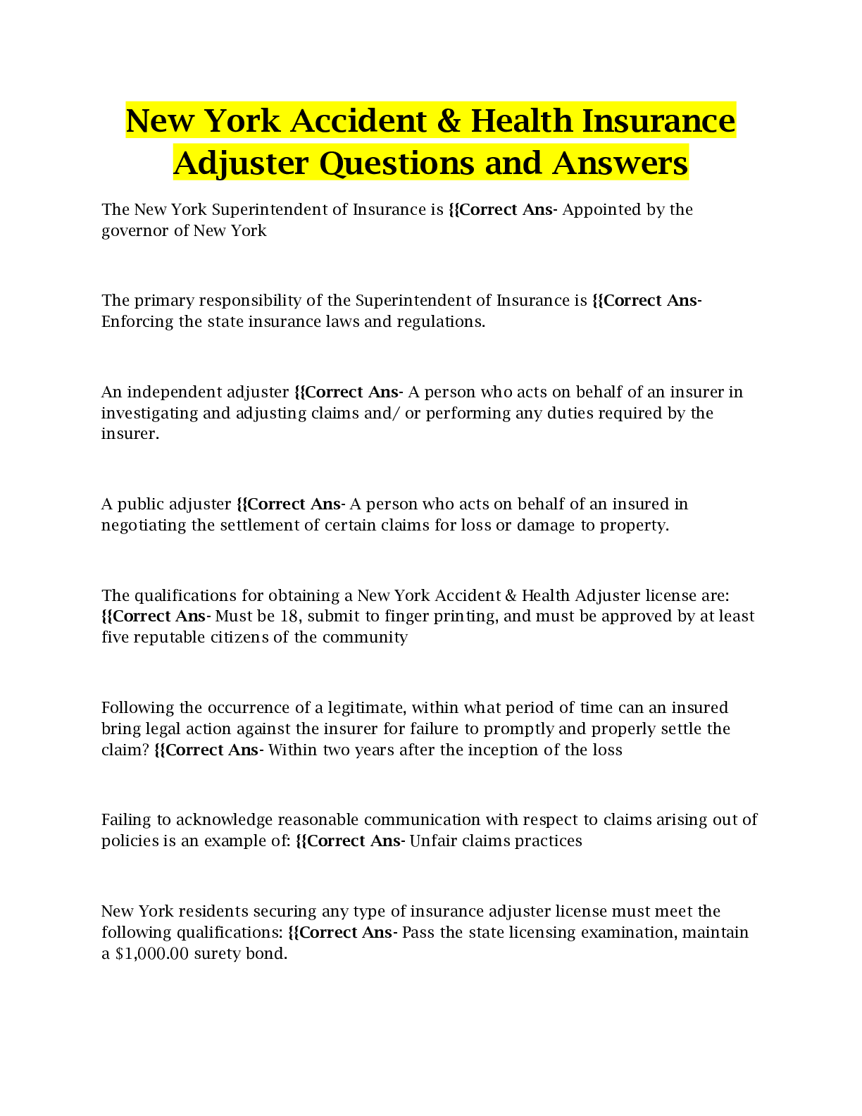 Preview of New York Accident & Health Insurance Adjuster Questions and Answers